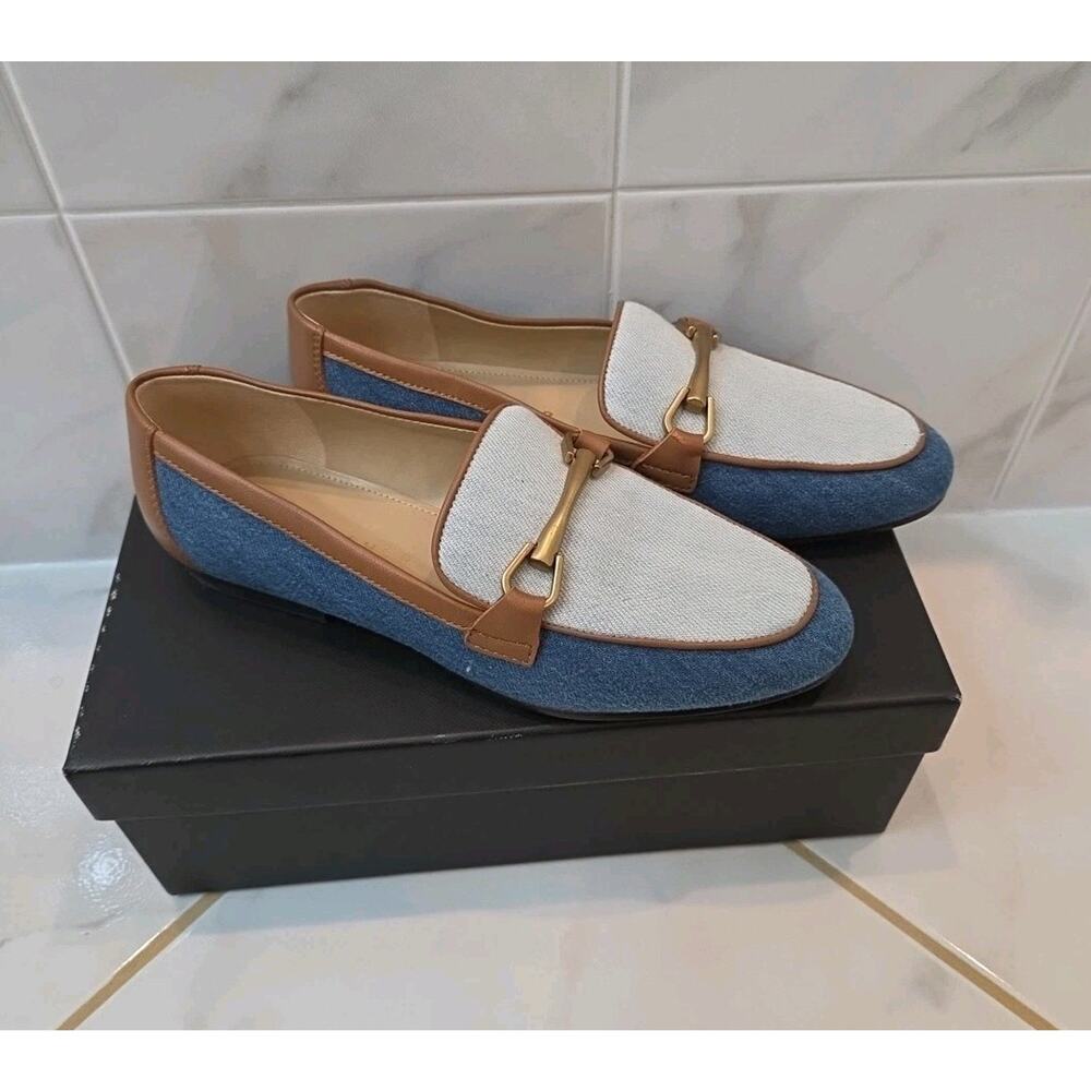 Women’s Two-Tone Blue and Cream Slip-On Loafers with Brown Trim